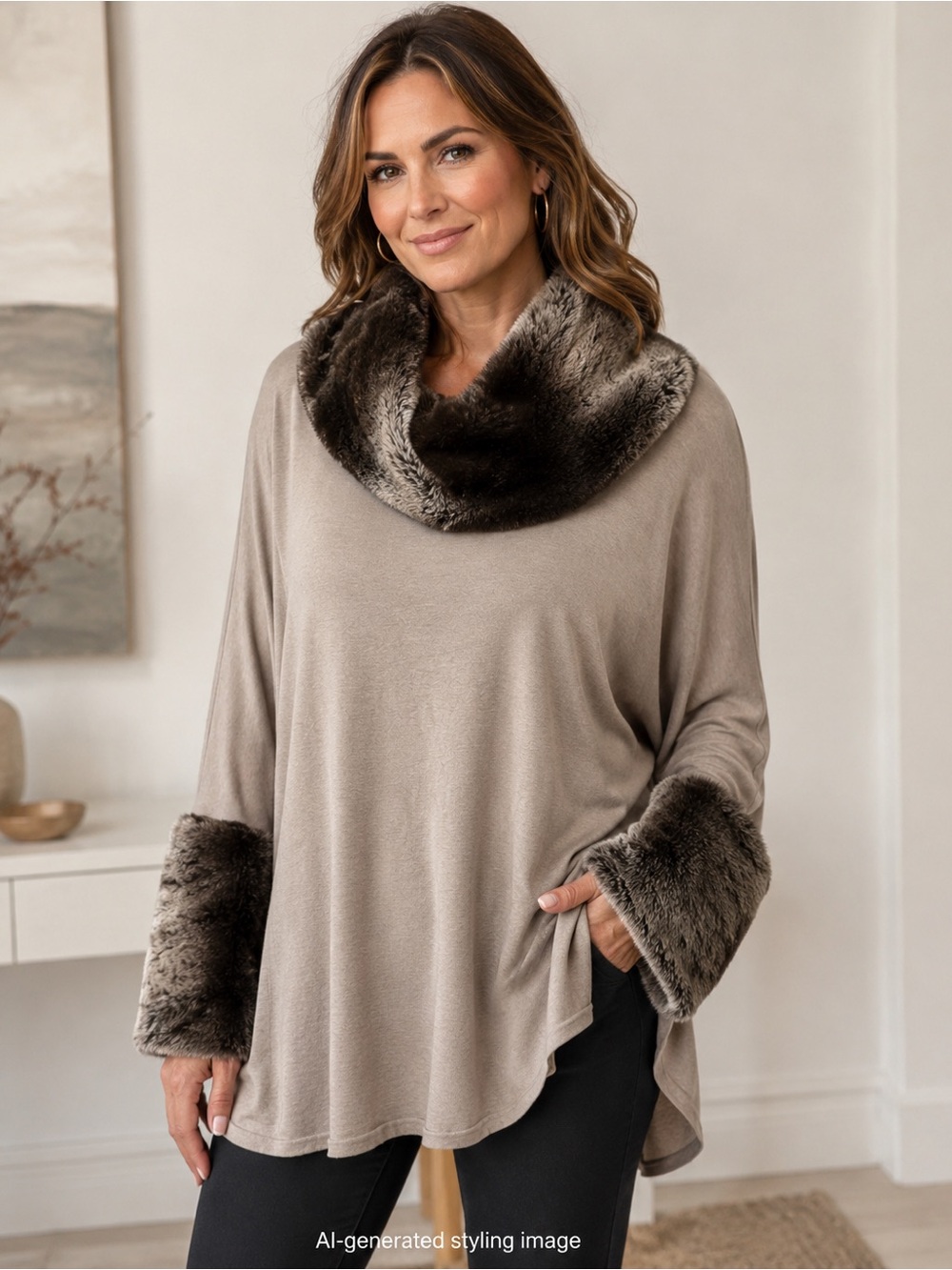 Faux-Fur Trim Taupe Sweater with Cowl Neck Size M